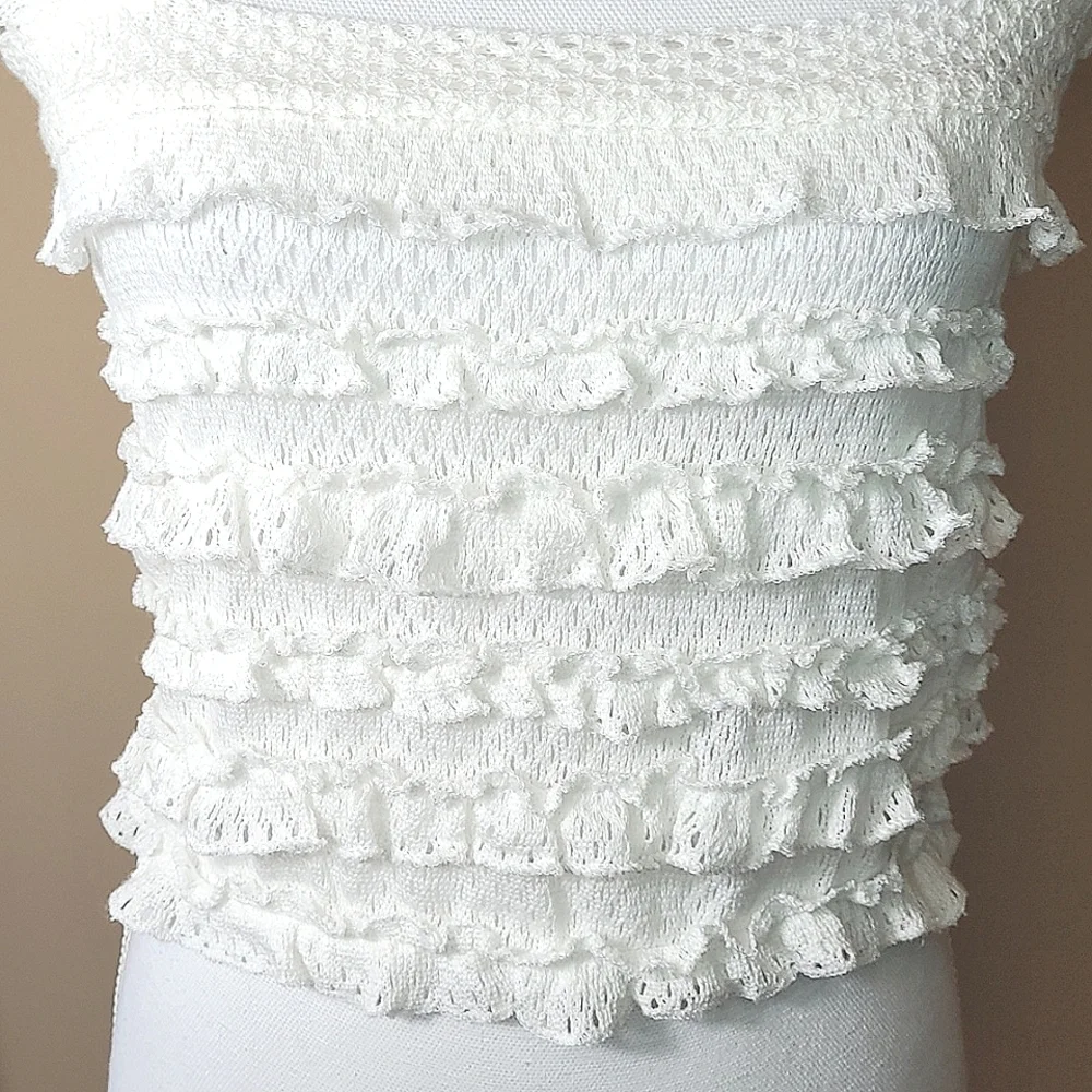 NWT Zara Cotton White Knit Ruffled Crop Top w/ Ruffle Straps Size Large - Picture 3 of 16